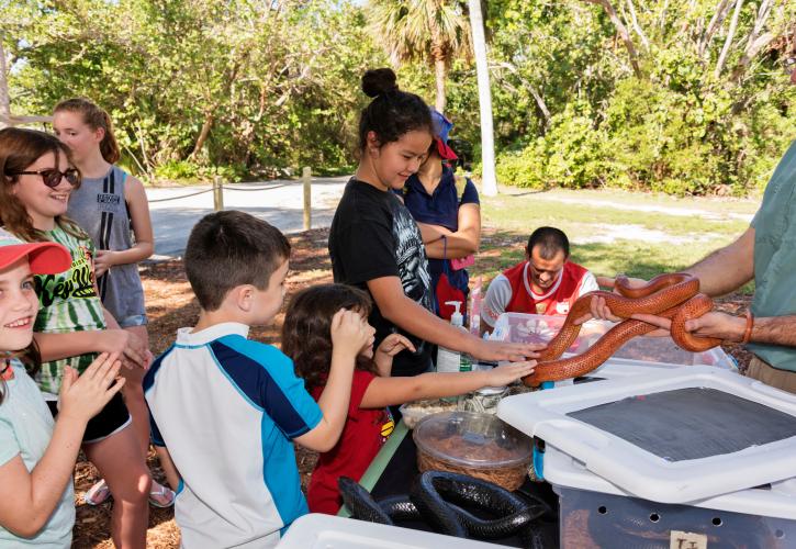 Animal Program with children interacting with a snake